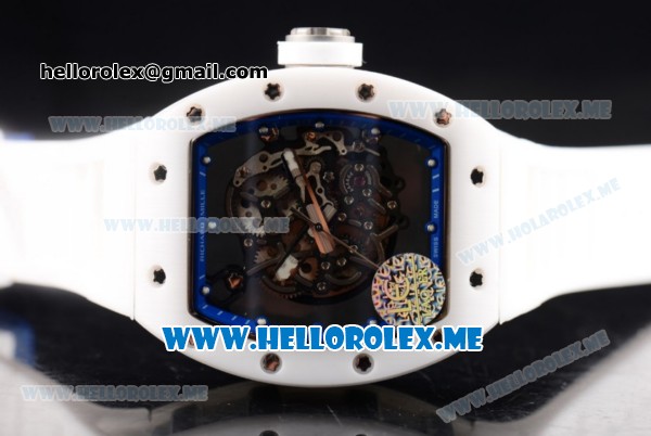 Richard Mille RM 055 Bubba Watson Asia Manual Winding Ceramic/Steel Case with Skeleton Dial and White Rubber Strap Blue Inner Bezel - 1:1 Original - Click Image to Close